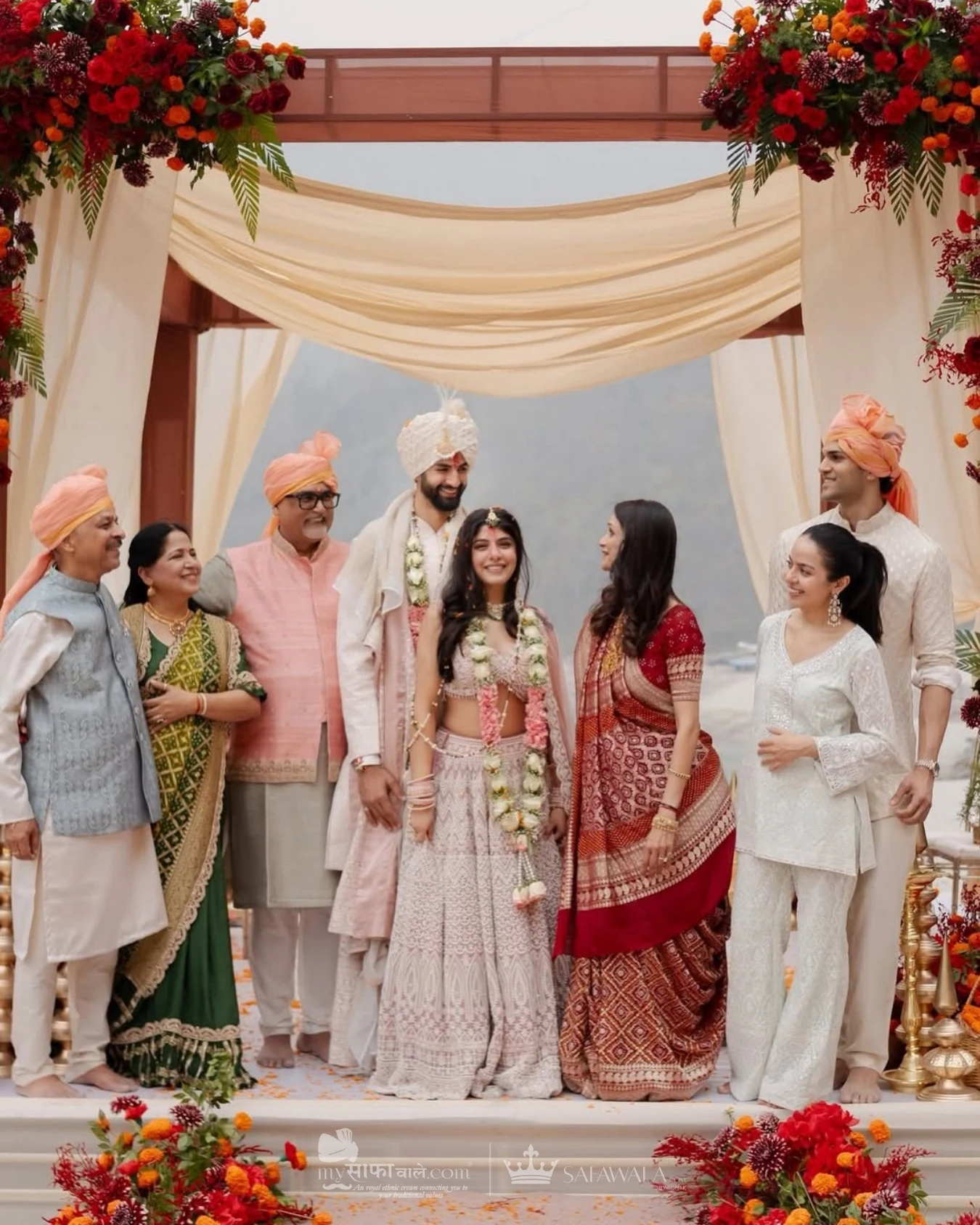 Royal red wedding safa and embroidered groom styling for Family Pagdi Styling